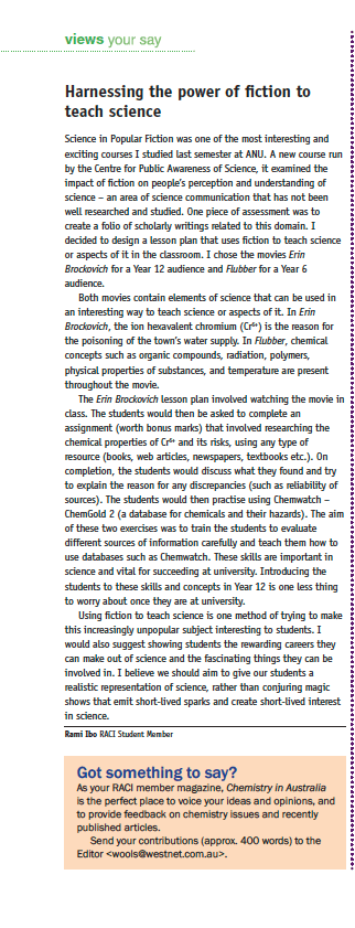 First published in Chemistry in Australia,   www.raci.org.au/chemaust. Reproduced with permission.